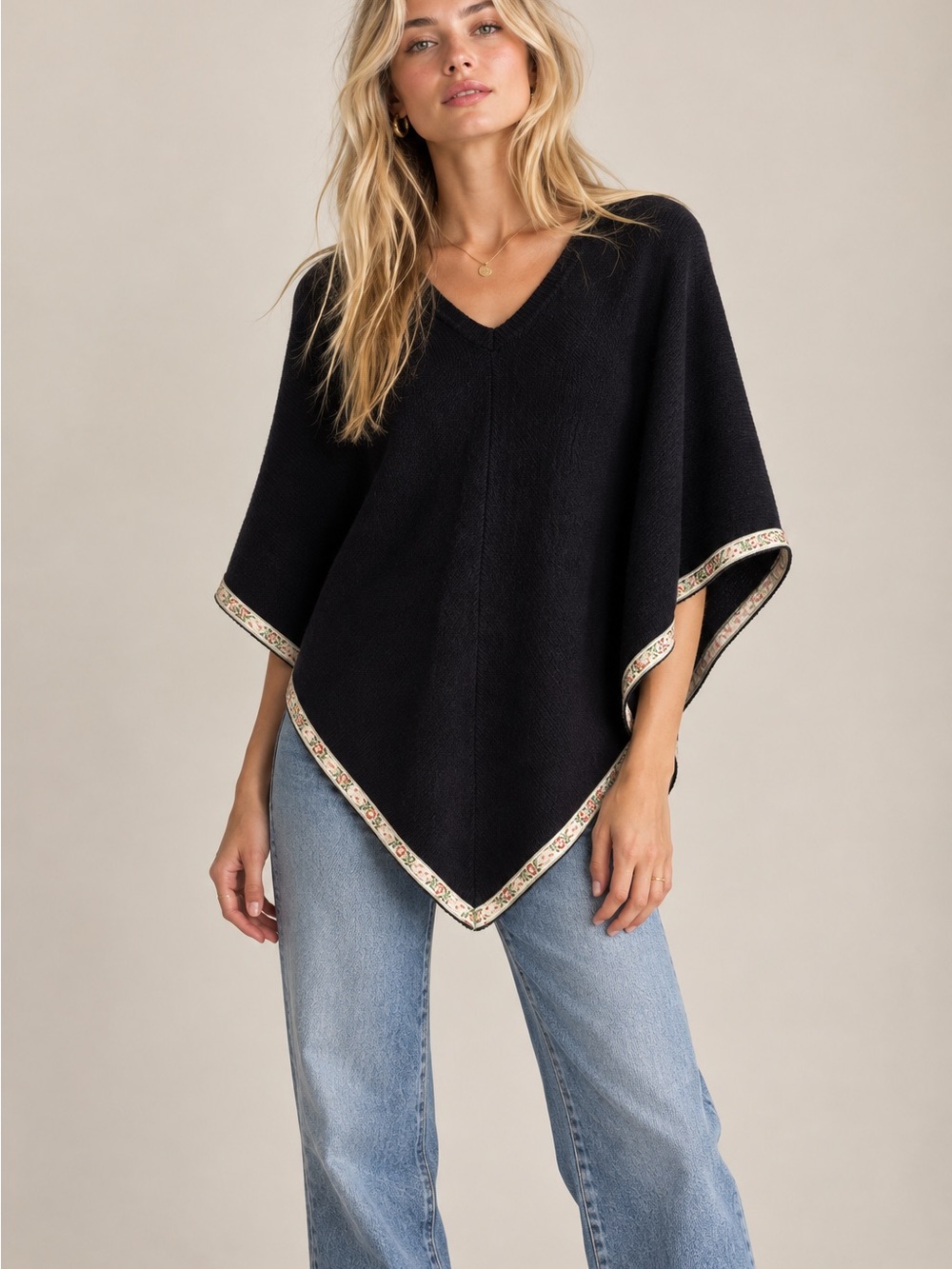 Nook Black V-Neck Poncho with Floral Trim Accent